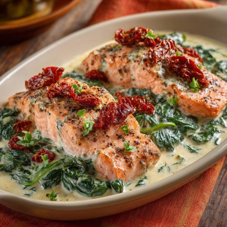 Cremiger Lachs mit Spinat und Sonnentomaten in einer Nahaufnahme, serviert in einer cremigen Soße, garniert mit getrockneten Tomaten.
