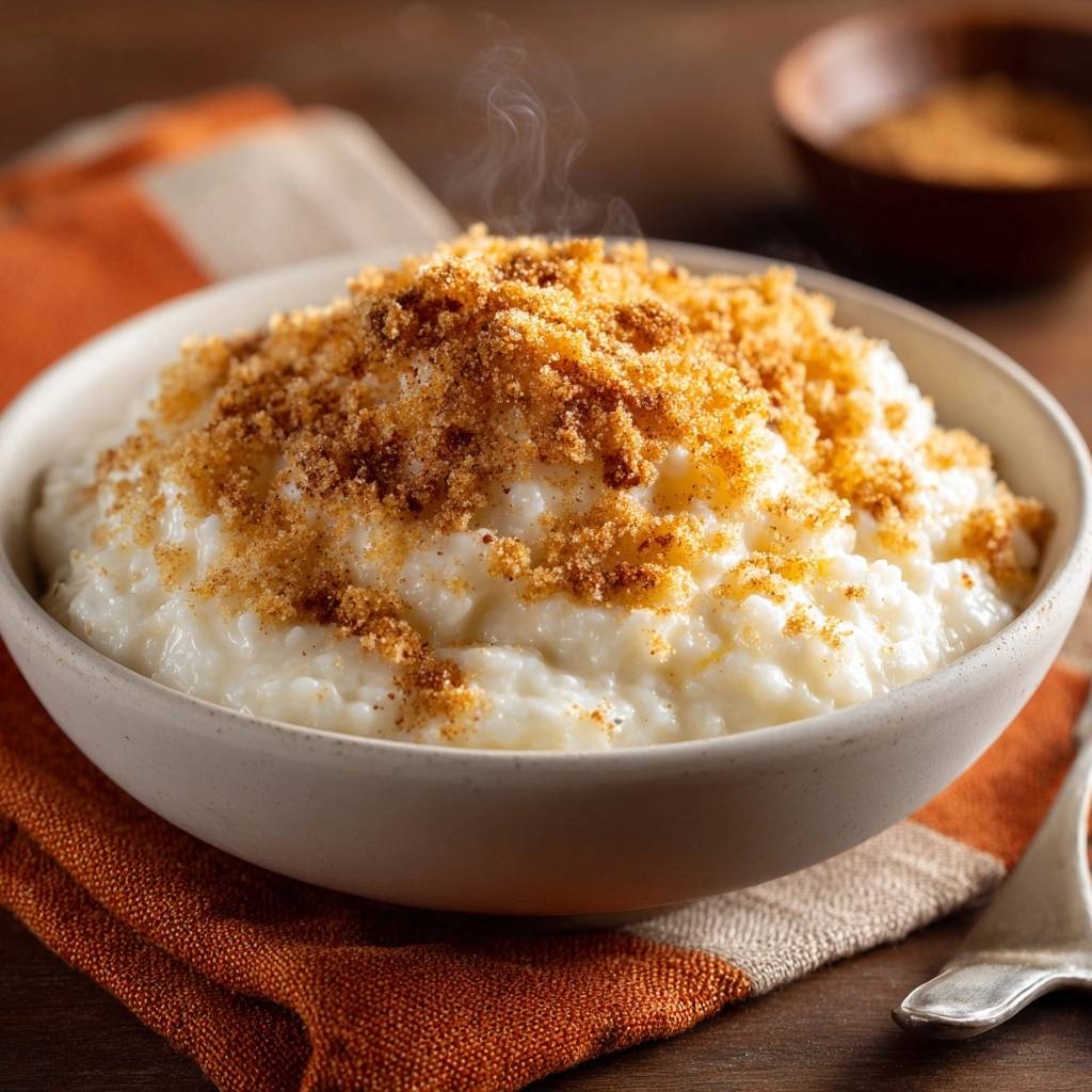 Cremiger Milchreis Ohne Anbrennen Gedampft 1 Cremiger Milchreis ohne Anbrennen mit knuspriger Kruste, der perfekt dampfend in einer Schüssel serviert wird.