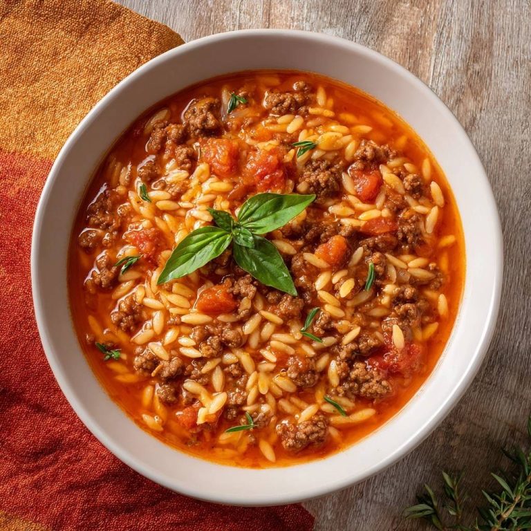 Cremiger Rinderhack-Orzo, serviert in einer weißen Schüssel, von oben betrachtet, mit frischem Basilikum garniert.
