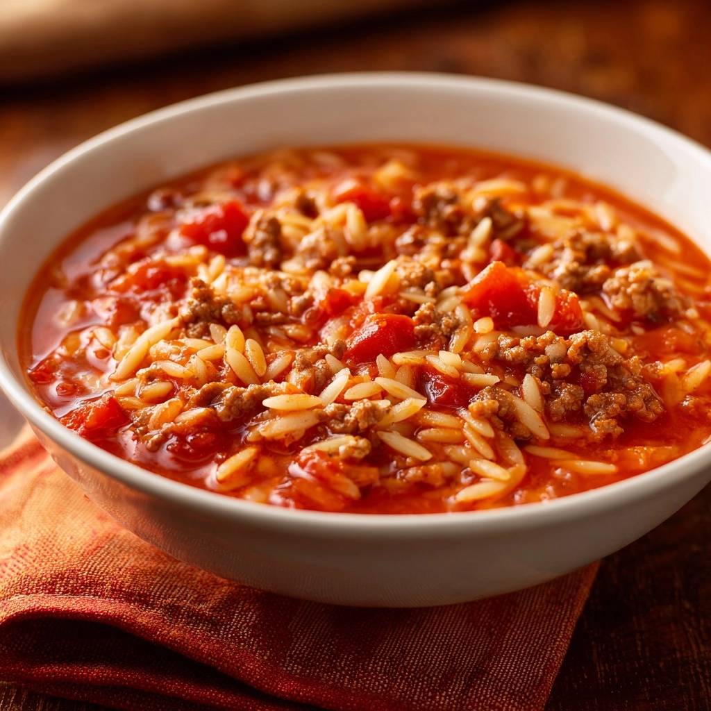 Cremiger Rinderhack Orzo Serviert 1 Cremiger Rinderhack-Orzo in einer Schüssel serviert, mit Orzo-Nudeln und Hackfleisch in einer Tomatensauce. Eine köstliche und sättigende Mahlzeit.