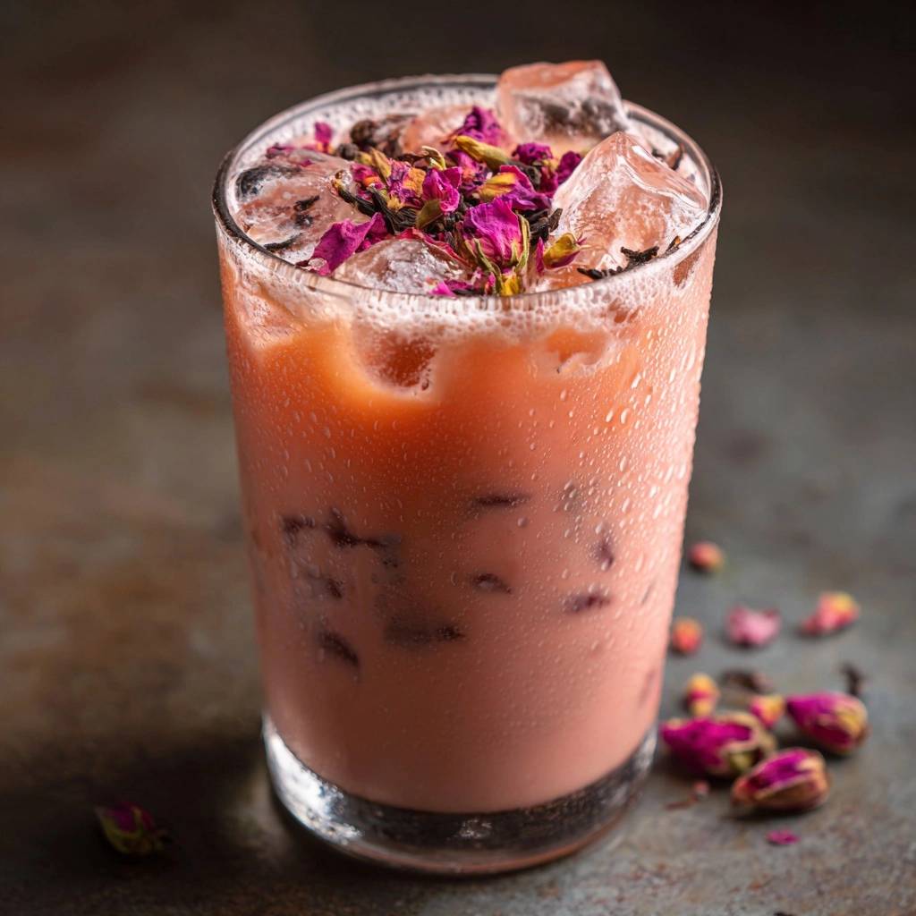 Cremiger Rosen Lassi Nahaufnahme Mit Eis 1 Cremiger Rosen-Lassi in Nahaufnahme, garniert mit getrockneten Rosenblüten und Eiswürfeln, erfrischend und köstlich.