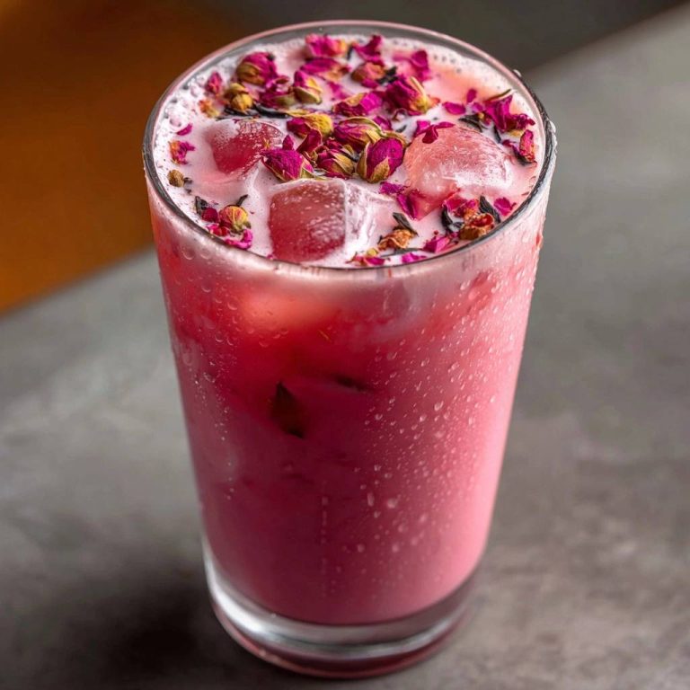Cremiger Rosen-Lassi in Nahaufnahme, garniert mit duftenden Rosenblüten, die auf der Oberfläche des Getränks schwimmen.