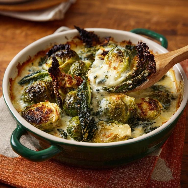 Cremiger Rosenkohl-Gratin in einer Nahaufnahme, serviert mit einem Holzlöffel, der die cremige Textur zeigt.