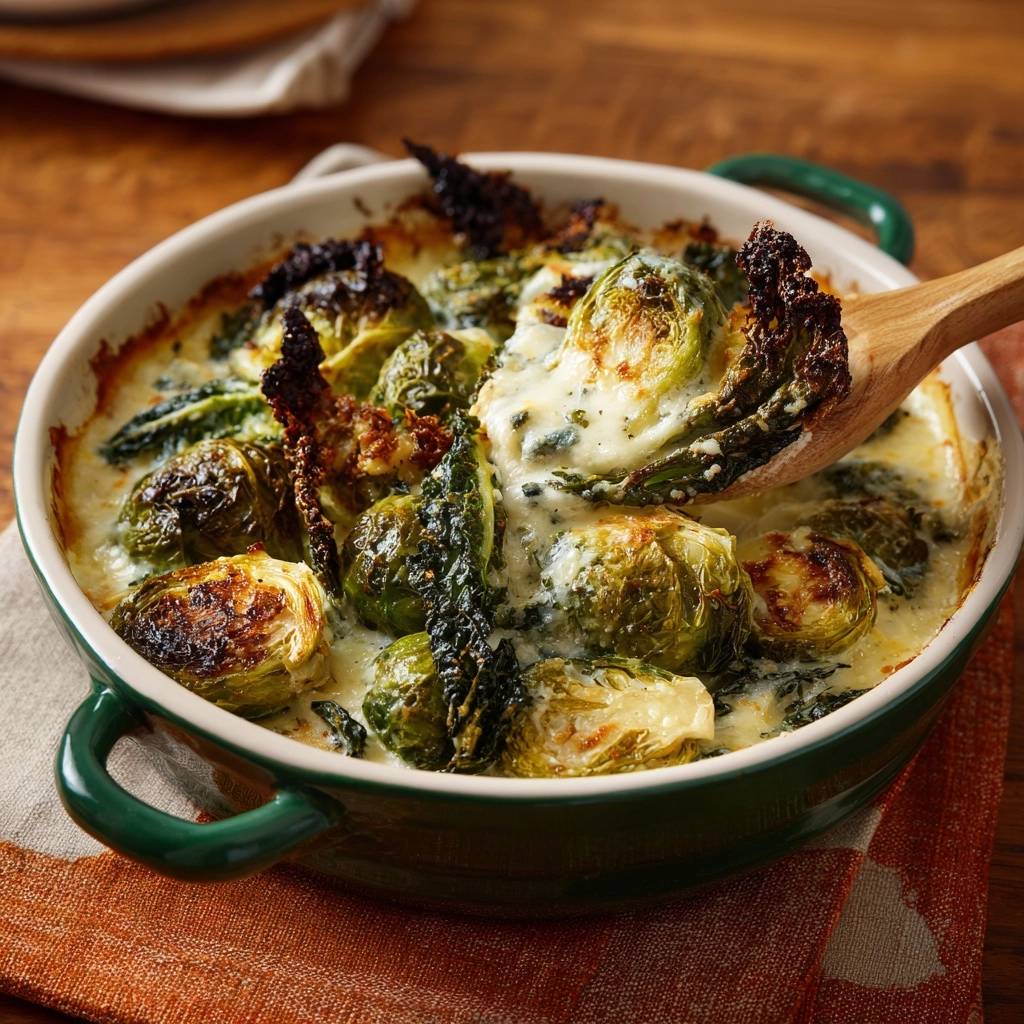 Cremiger Rosenkohl-Gratin in einer Nahaufnahme, serviert mit einem Holzlöffel, der die cremige Textur zeigt.
