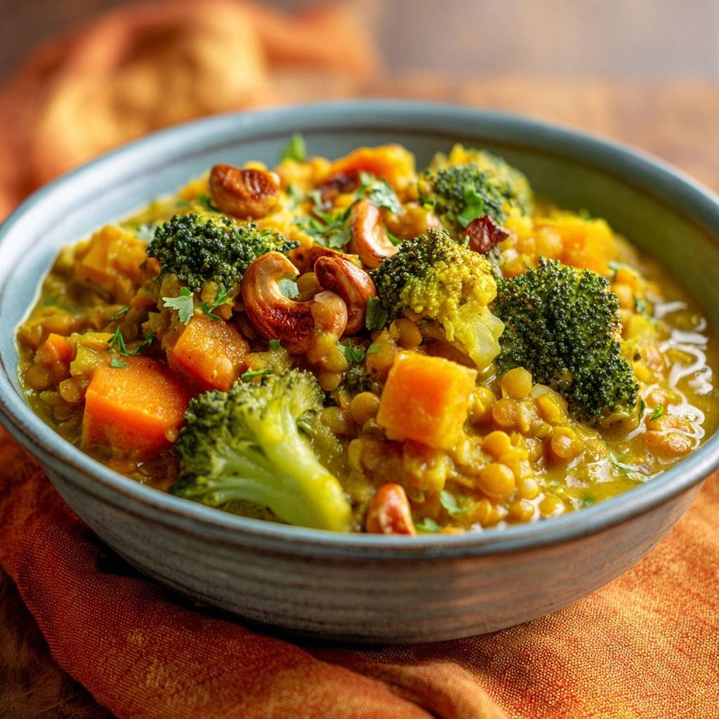 Cremiges Brokkoli Cashew Curry Karotten Nahaufnahme 1 Cremiges Brokkoli-Cashew-Curry mit Karotten in Nahaufnahme. Man sieht die cremige Textur mit Brokkoli, Karotten und Cashewkernen.