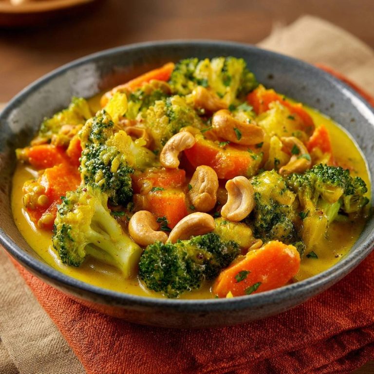 Cremiges Brokkoli-Cashew-Curry mit Karotten, serviert in einer Schüssel, mit knackigem Brokkoli, Karotten und Cashewkernen, die in einer cremigen Soße schwimmen.