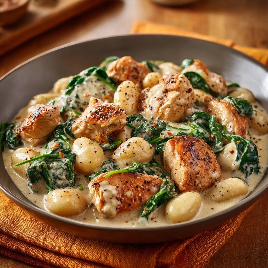 Cremiges Gnocchi Mit Spinat Und Knusprigem Haehnchen Nahaufn 1 Cremiges Gnocchi mit Spinat und knusprigem Hähnchen in einer Nahaufnahme, die die cremige Soße und die Textur des Hähnchens zeigt.