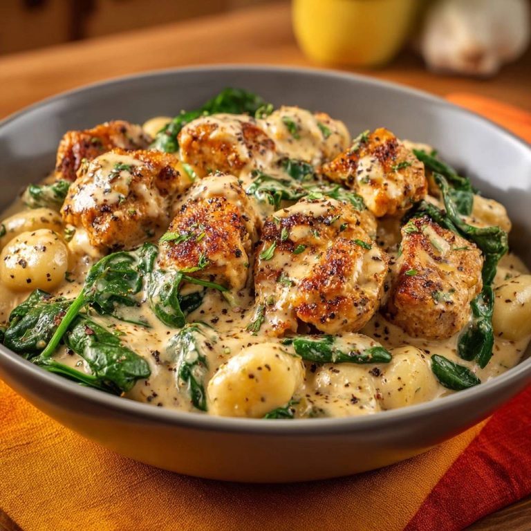 Cremiges Gnocchi mit Spinat und knusprigem Hähnchen in einer Schüssel serviert, mit cremiger Soße und frischem Spinat garniert.