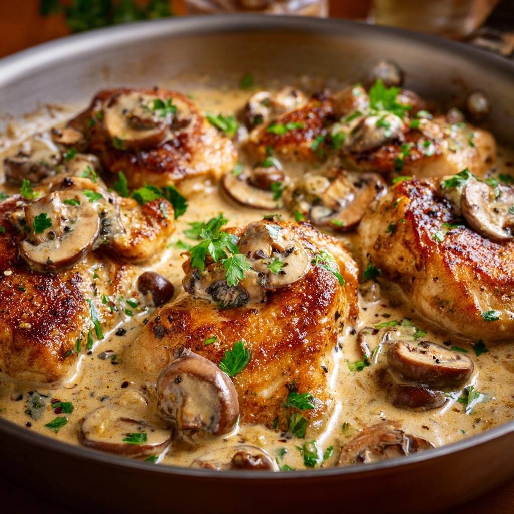 Cremiges Hahnchen Mit Champignons Nahaufnahme 1 Cremiges Hähnchen mit Champignons in einer Nahaufnahme, serviert in einer cremigen Soße, garniert mit frischer Petersilie und Champignons.