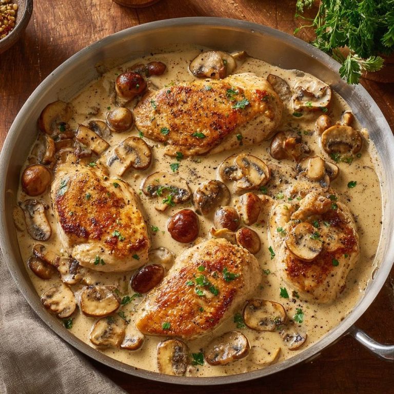 Cremiges Hähnchen mit Champignons in einer cremigen Soße, serviert in einer Pfanne, von oben fotografiert und mit frischer Petersilie garniert.