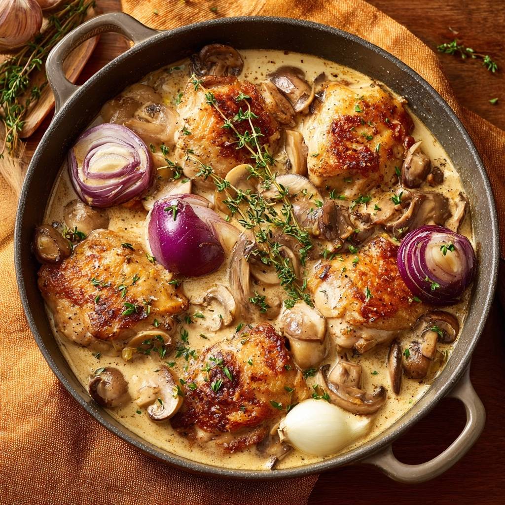 Cremiges Huhnchen Mit Pilzen Draufsicht 1 Cremiges Hähnchen mit Pilzen und Perlzwiebeln, serviert in einer Pfanne, mit einer köstlichen cremigen Sauce und frischen Kräutern.