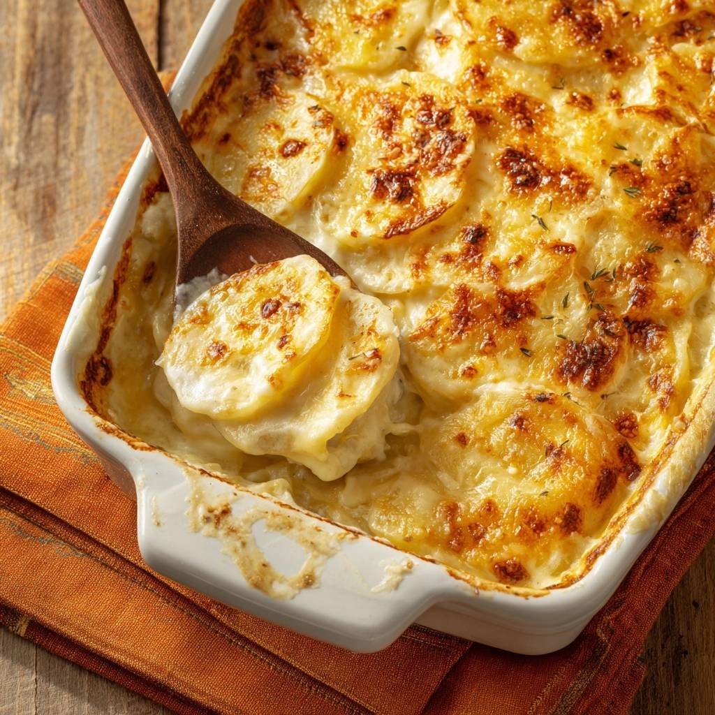 Cremiges Kartoffelgratin Nahaufnahme Mit Lffel 1 Cremiges Kartoffelgratin in einer Auflaufform, mit einem Holzlöffel, der eine Portion heraushebt, zeigt die cremige Konsistenz.