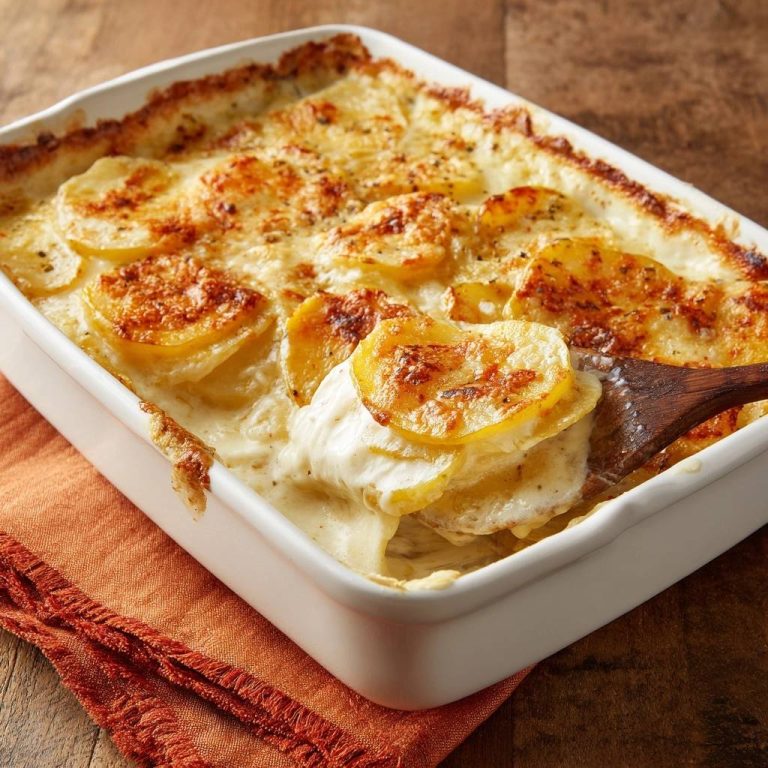 Cremiges Kartoffelgratin, serviert auf einem Holzlöffel, zeigt die cremige Konsistenz und die knusprige Kruste.