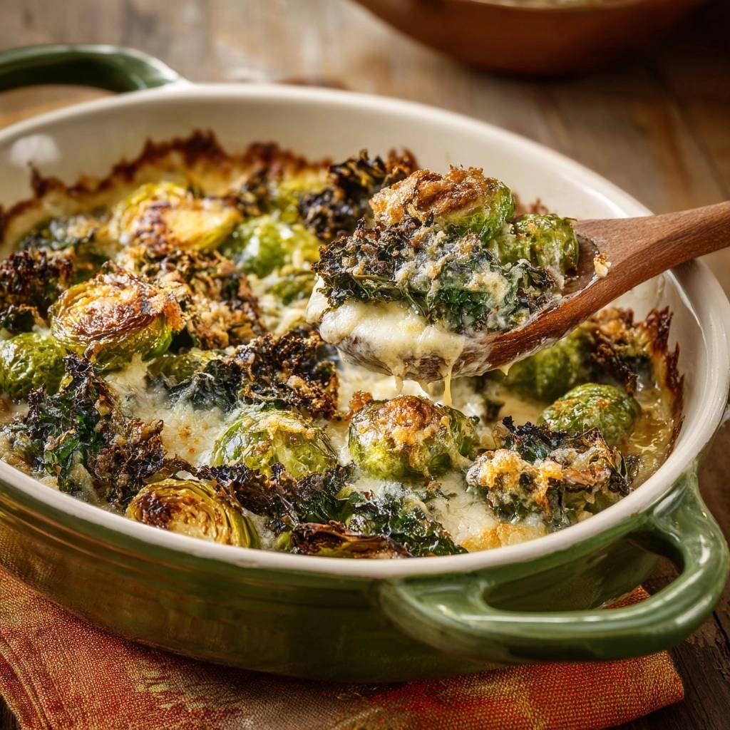 Cremiges Rosenkohl Gratin Nahaufnahme Serviert 1 Cremiges Rosenkohl-Gratin zeigt eine Nahaufnahme, serviert mit einem Holzlöffel, der die cremige Textur und die Zutaten präsentiert.