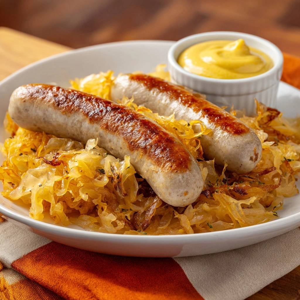 Deftige Bratwurst Auf Schmor Sauerkraut Serviert 1 Deftige Bratwurst auf Schmor-Sauerkraut serviert auf einem weißen Teller, mit Senf in einer kleinen Schale. Das herzhafte Gericht ist ein echter Genuss.