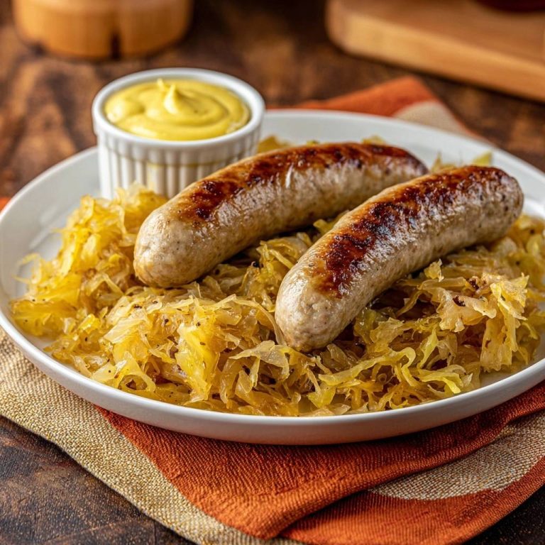 Deftige Bratwurst auf Schmor-Sauerkraut serviert auf einem weißen Teller, serviert mit Senf in einem kleinen Schälchen. Die Bratwurst ist goldbraun gebraten.