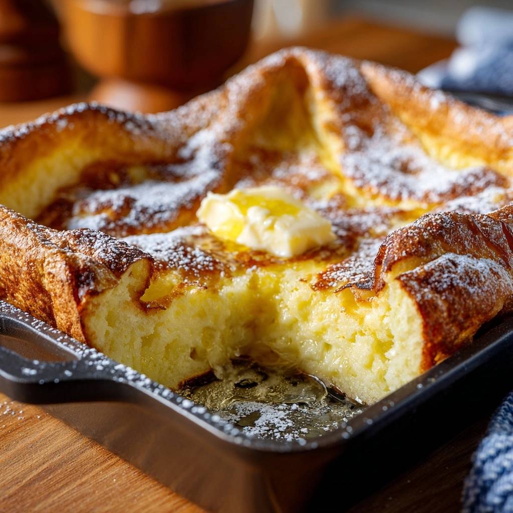 Dutch Baby Ofenpfannkuchen Querschnitt Mit Butter 1 Dutch Baby Ofenpfannkuchen mit einem Anschnitt, der das fluffige Innere und die geschmolzene Butter zeigt.