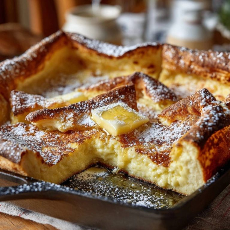 Dutch Baby Ofenpfannkuchen mit Puderzucker bestäubt, serviert mit einem Stück Butter, zeigt einen saftigen Querschnitt.