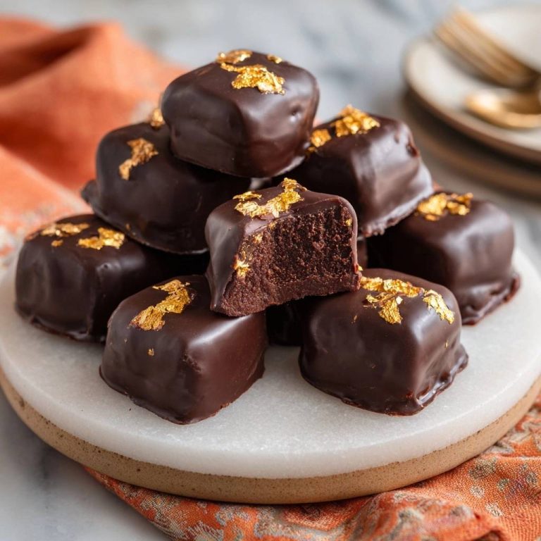 Edle Zartbitter-Schokoladen-Pralinen mit Anschnitt, die das weiche Innere zeigen, garniert mit essbarem Gold für einen luxuriösen Genuss.