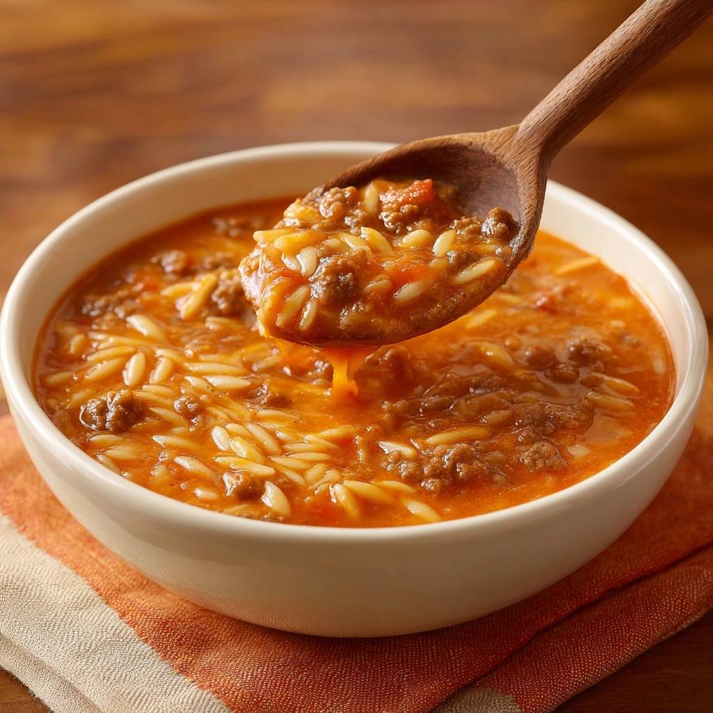 Ein Topf Orzo Mit Hackfleisch Auf Loeffel 1 Ein-Topf-Orzo mit saftigem Hackfleisch wird von einem Holzlöffel aus serviert, wobei die Textur des Essens gut sichtbar ist.