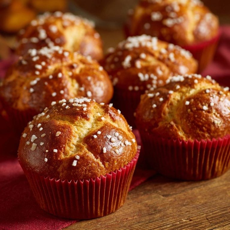 Fluffige Brioche-Muffins mit Hagelzucker in Nahaufnahme, frisch gebacken und mit grobem Hagelzucker bestreut. Die goldbraune Kruste ist perfekt.