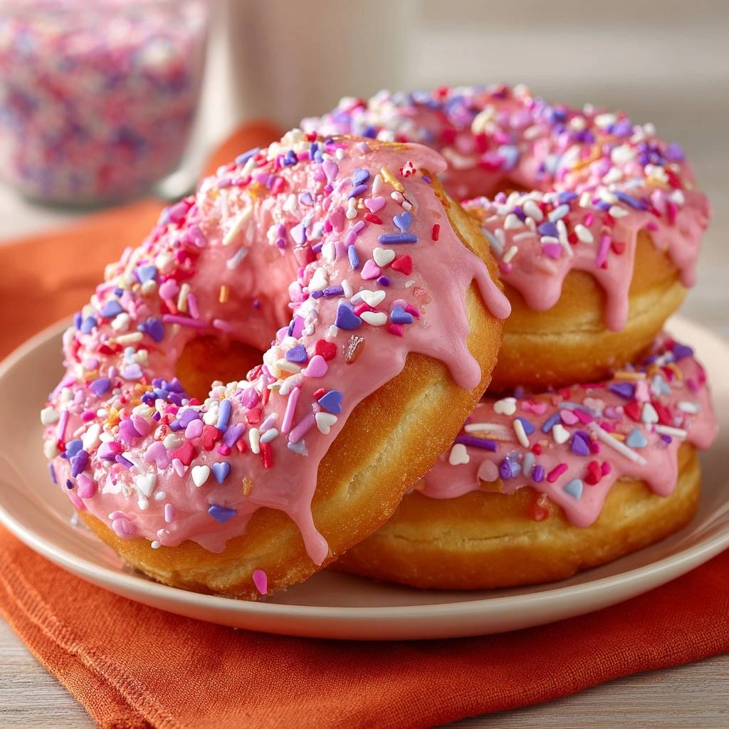 Fluffige Donuts Mit Erdbeerglasur Nahaufnahme 1 Fluffige Donuts mit Erdbeerglasur in einer Nahaufnahme, überzogen mit bunten Streuseln und einer rosafarbenen Glasur, die perfekt herunterläuft.