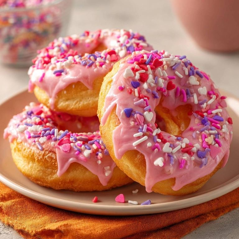 Fluffige Donuts mit Erdbeerglasur, serviert auf einem Teller mit bunten Streuseln. Diese süßen Donuts sind perfekt für einen besonderen Anlass.