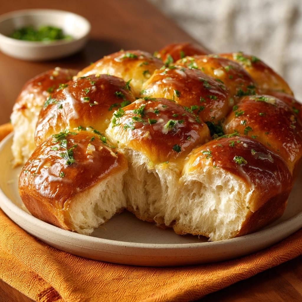 Fluffige Kraeuterbutterbroetchen Querschnitt 1 Fluffige Kräuterbutterbrötchen in Nahaufnahme, mit einem Blick auf die weiche, luftige Innenstruktur, die durch einen frischen Anschnitt freigelegt wurde.