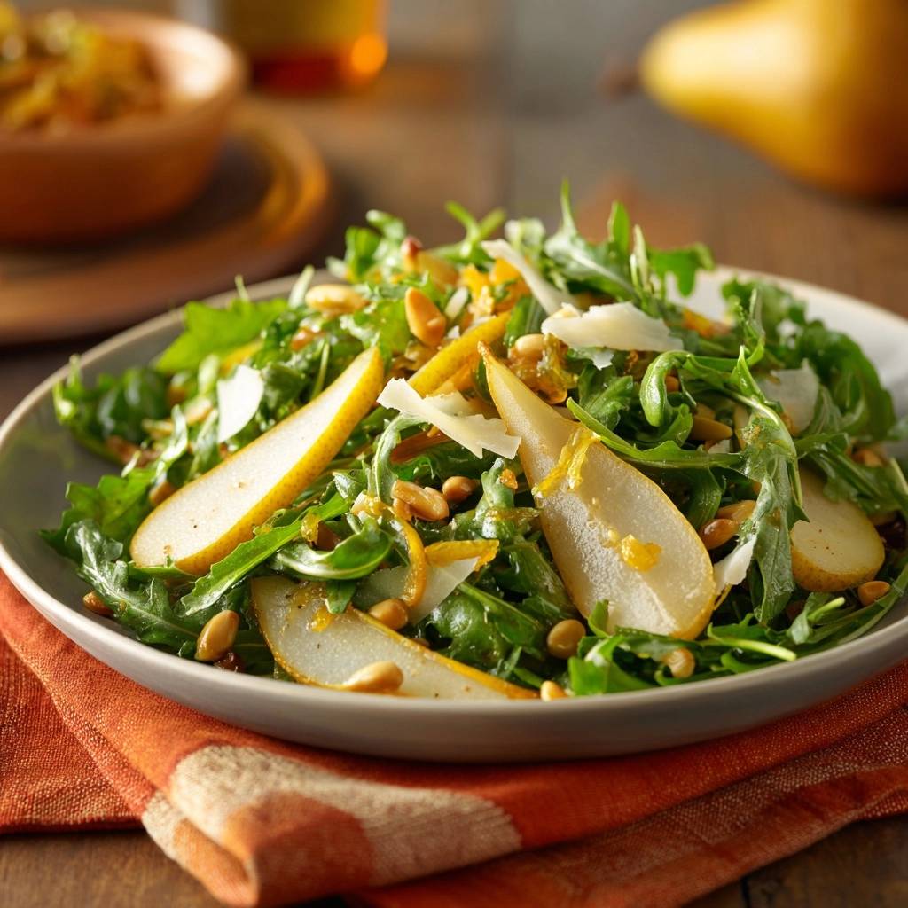 Frischer Rucola Birnen Salat Serviert 1 Frischer Rucola-Birnen-Salat serviert auf einem hellen Teller, garniert mit Pinienkernen und Parmesan. Der Salat ist knackig und aromatisch zubereitet.