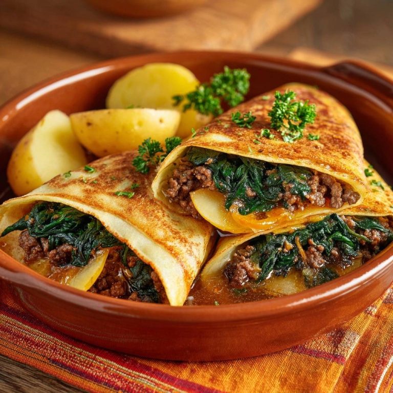 Gefüllte Crêpes mit Hack, Spinat und Kartoffeln im Querschnitt, serviert mit Kartoffeln und frischer Petersilie in einer rustikalen Schale.
