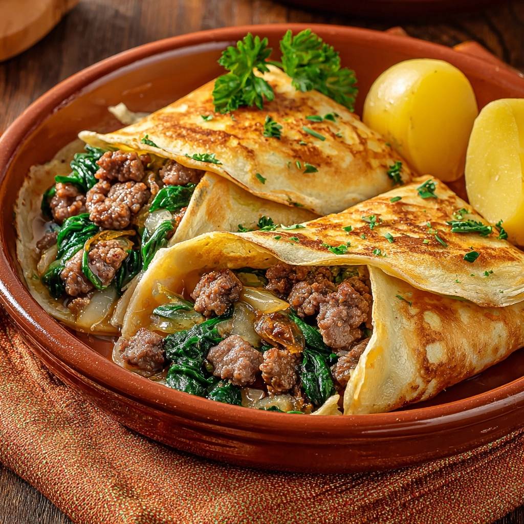 Gefuellte Crepes Mit Hack Spinat Und Kartoffeln Serviert 1 Gefüllte Crêpes mit Hack, Spinat und Kartoffeln serviert in einer rustikalen Schale, garniert mit frischer Petersilie und Kartoffeln.