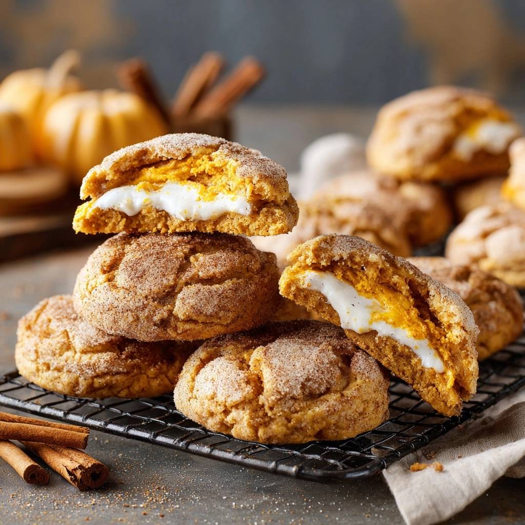 Gefuellte Kuerbis Snickerdoodles Querschnitt 1 Gefüllte Kürbis-Snickerdoodles zeigen hier einen appetitlichen Querschnitt, der die cremige Füllung zwischen den weichen Keksen offenbart.