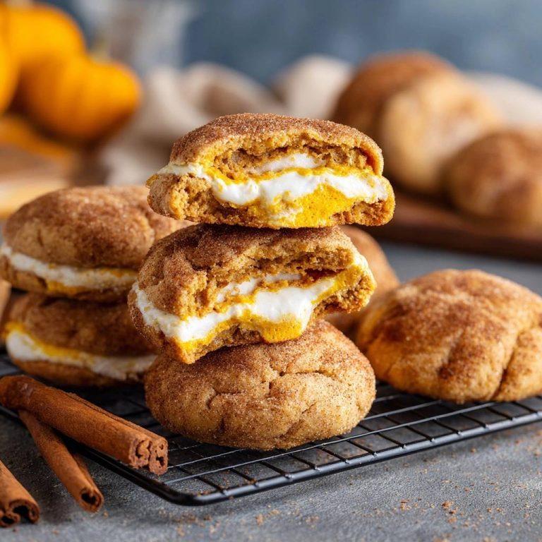 Gefüllte Kürbis-Snickerdoodles im Nahaufnahme mit Ansicht des cremigen Innenlebens, perfekt für den Herbst.
