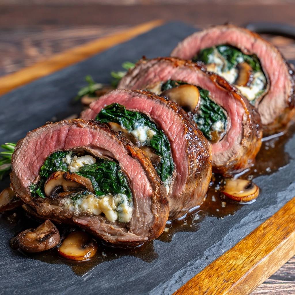Gefuellte Rinderrouladen Querschnitt Nahaufnahme 1 Gefüllte Rinderrouladen vom Grill zeigen hier einen Nahaufnahme-Querschnitt, gefüllt mit Spinat, Pilzen und Käse, serviert auf einem schwarzen Brett.