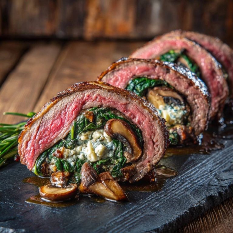 Gefüllte Rinderrouladen vom Grill im Nahaufnahme-Querschnitt, gefüllt mit Spinat, Pilzen und Blauschimmelkäse, serviert auf einem dunklen Brett.