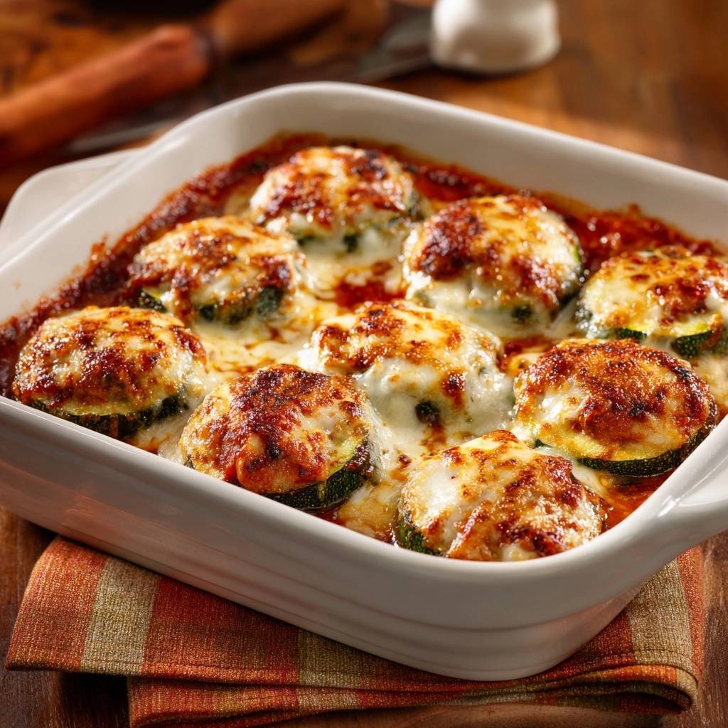 Gefuellte Zucchini Mit Hackfleisch Draufsicht 1 Gefüllte Zucchini mit Hackfleisch in einer Auflaufform, frisch gebacken und mit geschmolzenem Käse bedeckt. Ein köstliches Gericht für jeden Anlass.