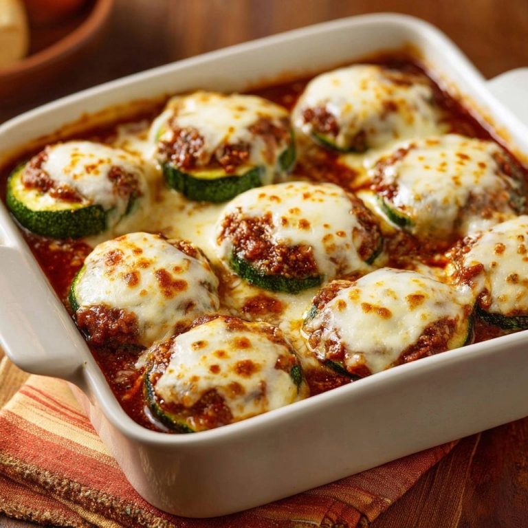 Gefüllte Zucchini mit Hackfleisch in einer Auflaufform, von oben fotografiert, mit geschmolzenem Käse bedeckt. Saftige und herzhafte Zucchini-Happen.