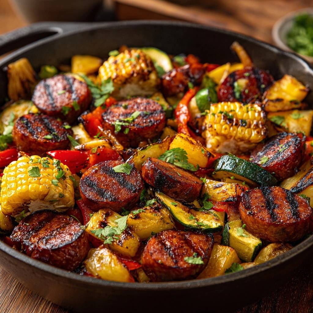 Gegrillte Wuerste Ananas Paprika Mix Draufsicht 1 Gegrillte Würste mit Ananas-Paprika-Mix in einer Pfanne von oben, mit gegrillter Wurst, Ananas, Paprika und Maiskolben. Ein köstliches und farbenfrohes Essen.