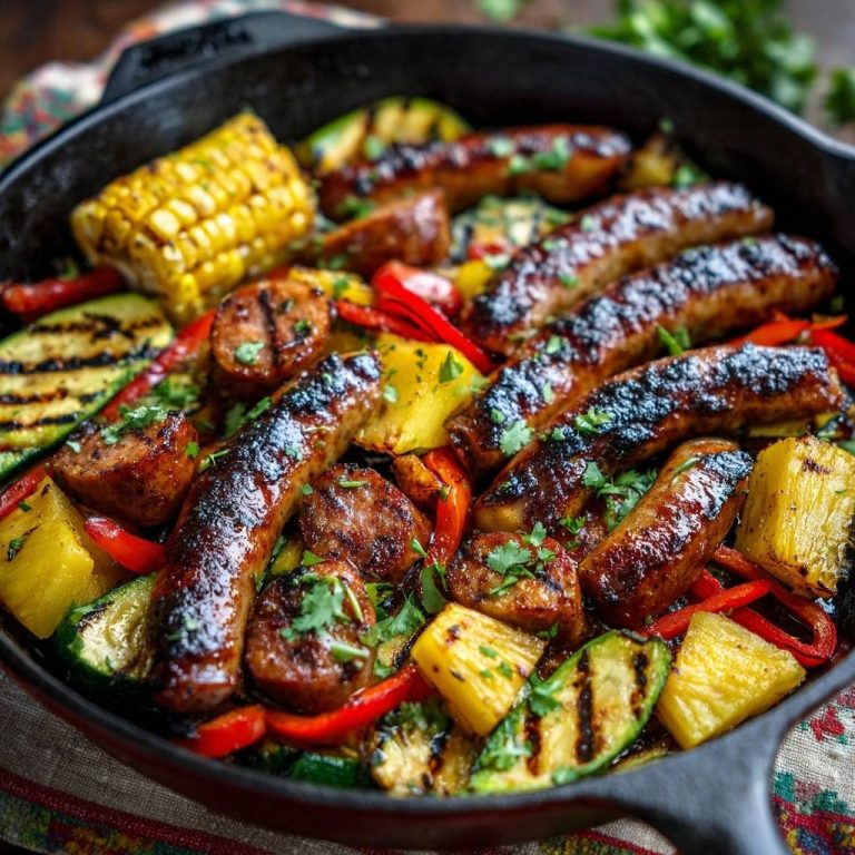 Gegrillte Würste mit Ananas-Paprika-Mix von oben gezeigt, mit saftigen Würsten, gegrilltem Gemüse und Ananasstücken in einer gusseisernen Pfanne.