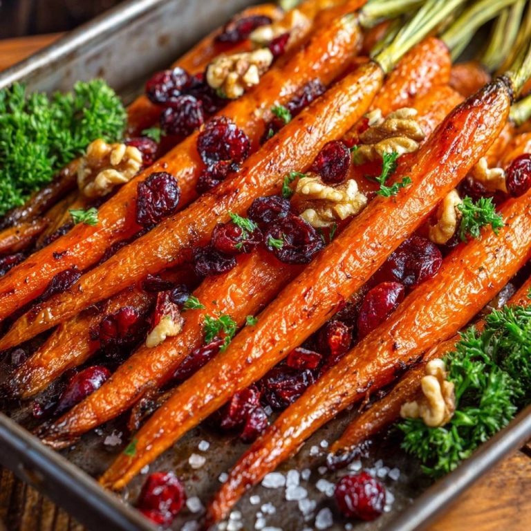 Glasiert gebackene Karotten mit Cranberries und Walnüssen, serviert in einer metallischen Ofenform, garniert mit frischer Petersilie. Der Blick von oben zeigt die leuchtenden Farben.