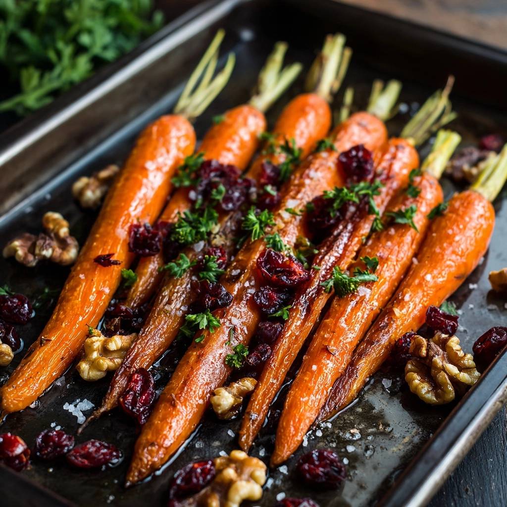 Glasiert Gebackene Karotten Mit Cranberries Walnuessen Drauf 1 Glasiert gebackene Karotten mit Cranberries & Walnüssen in einer Draufsicht, garniert mit frischer Petersilie und grobem Salz.