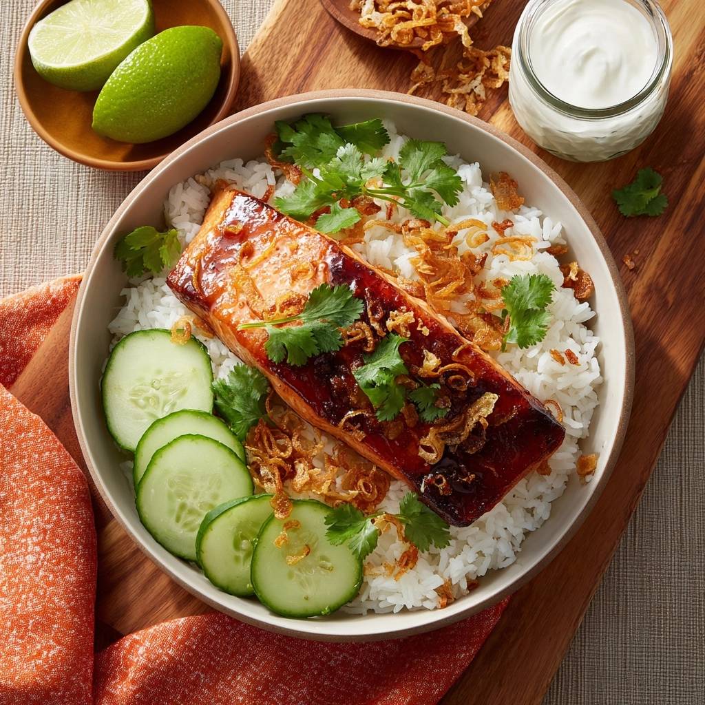 Glasierte Lachs Bowl Mit Limetten Reis Draufsicht 1 Glasierte Lachs-Bowl mit Limetten-Reis von oben betrachtet, serviert mit frischem Koriander, Gurkenscheiben und knusprigen Zwiebeln.