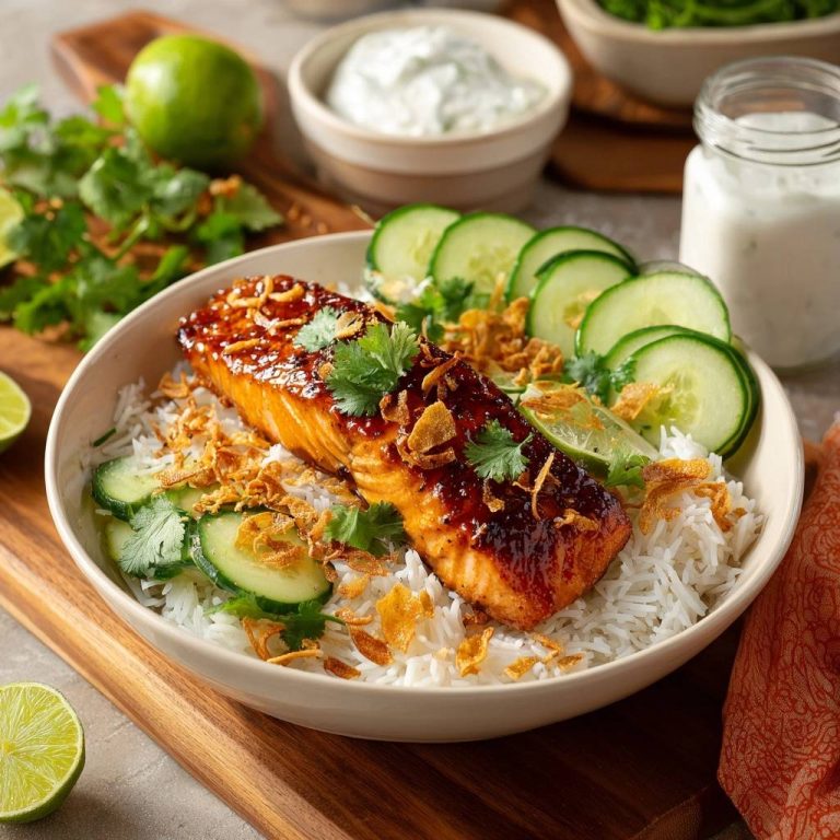 Glasierte Lachs-Bowl mit Limetten-Reis, serviert in einer Schüssel, garniert mit Gurken, Koriander und knusprigen Zwiebeln.