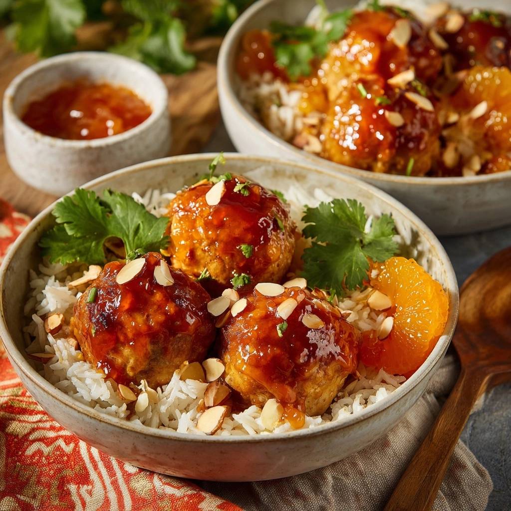 Glasierte Orangen Hahnchenballchen Serviert 1 Glasierte Orangen-Hähnchenbällchen serviert in einer Schüssel mit Reis, Mandelsplittern und frischer Petersilie garniert. Ein köstliches Mittagessen.
