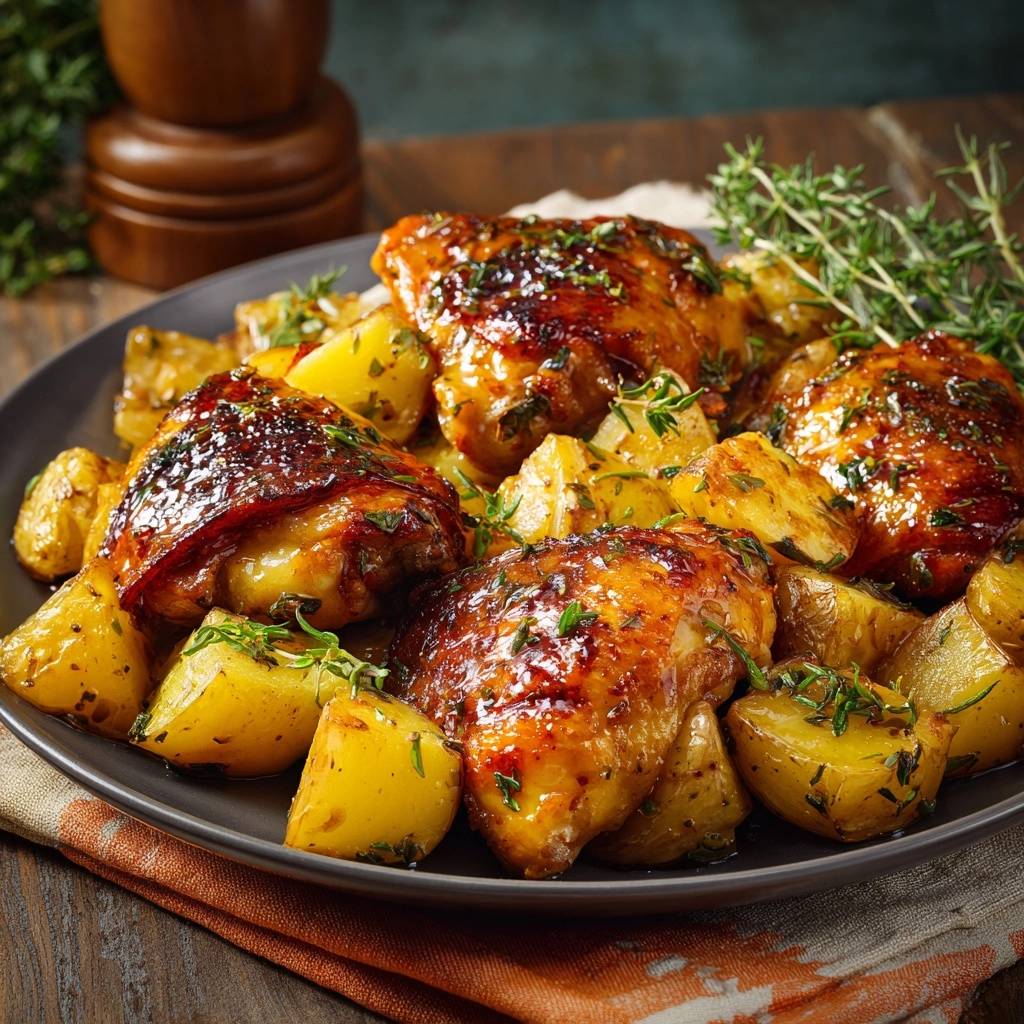 Glasiertes Ananas Huhn Thymiankartoffeln Serviert 1 Glasiertes Ananas-Hähnchen mit Thymiankartoffeln serviert auf einem dunklen Teller, mit frischem Thymian garniert und bereit zum Genuss.