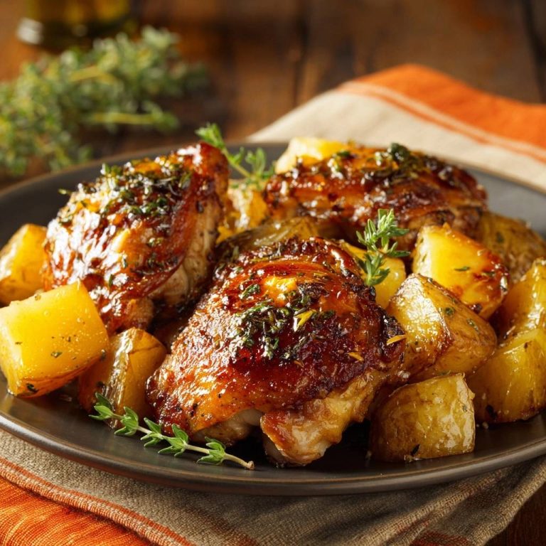 Glasiertes Ananas-Hähnchen mit Thymiankartoffeln serviert auf einem dunklen Teller, garniert mit frischem Thymian. Die saftigen Hähnchenschenkel sind goldbraun.