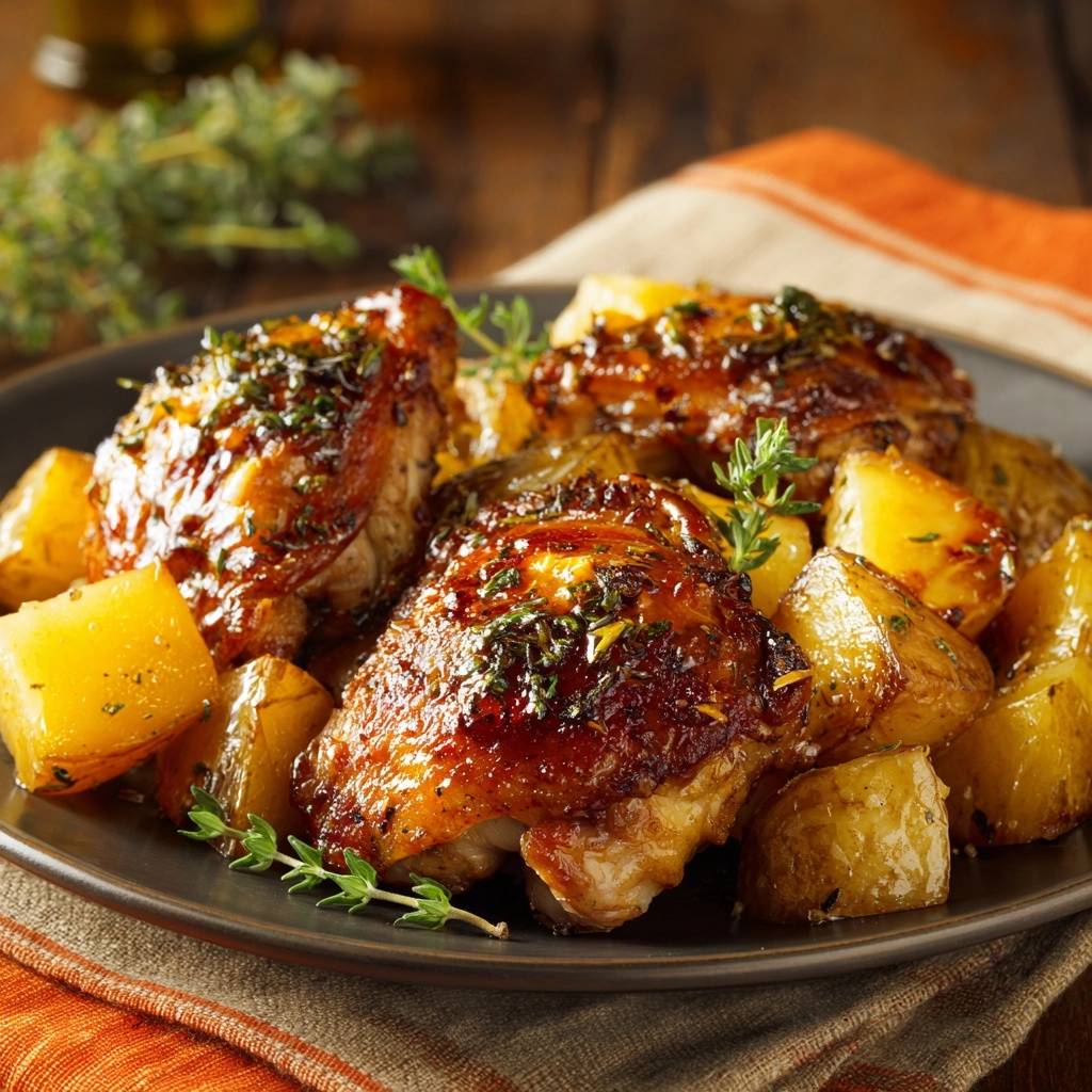 Glasiertes Ananas-Hähnchen mit Thymiankartoffeln serviert auf einem dunklen Teller, garniert mit frischem Thymian. Die saftigen Hähnchenschenkel sind goldbraun.