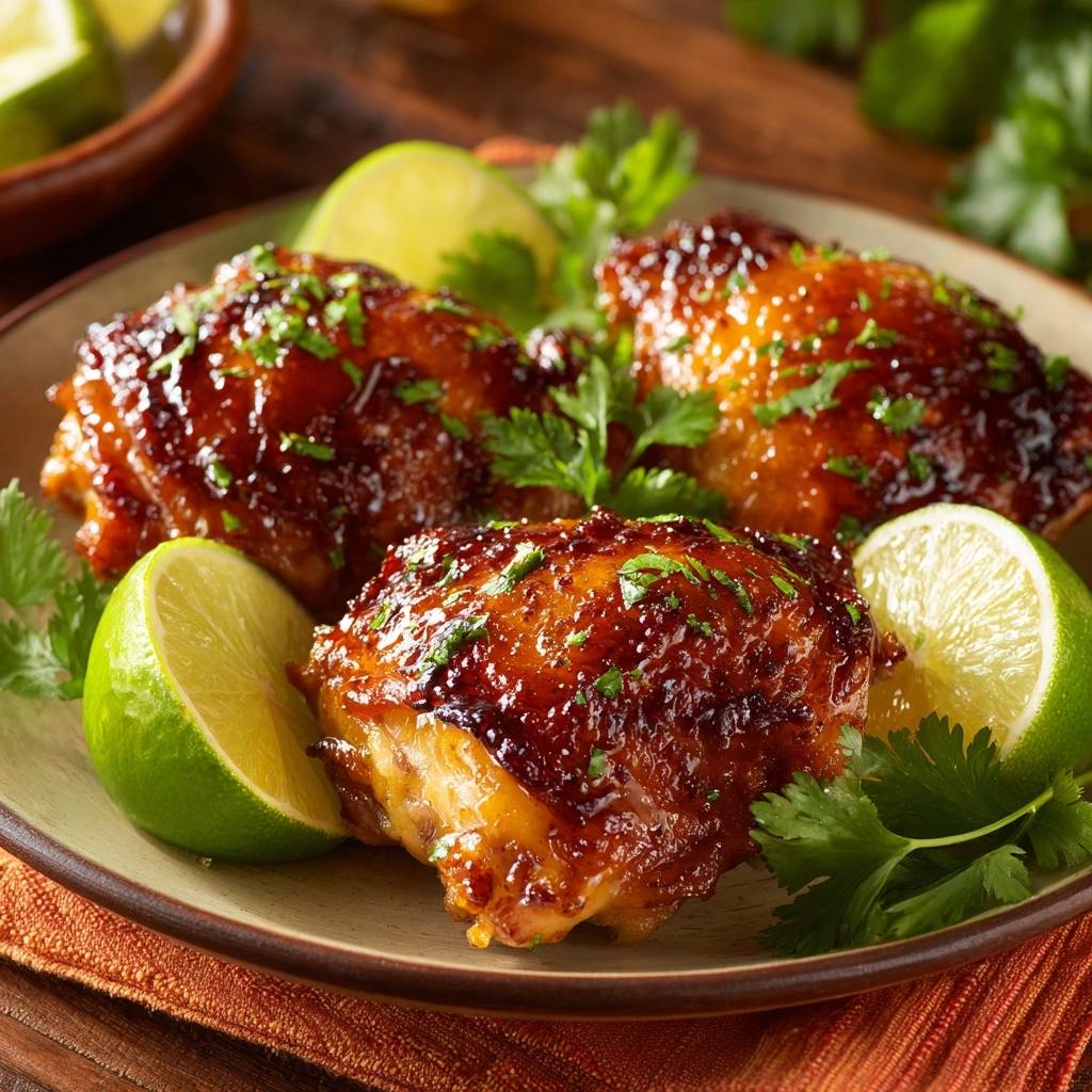 Glasiertes Limetten Huhnchen Nahaufnahme Serviert 1 Glasiertes Limetten-Hähnchen, serviert auf einem Teller mit Limettenspalten und frischen Kräutern, präsentiert in Nahaufnahme für einen appetitlichen Blick.