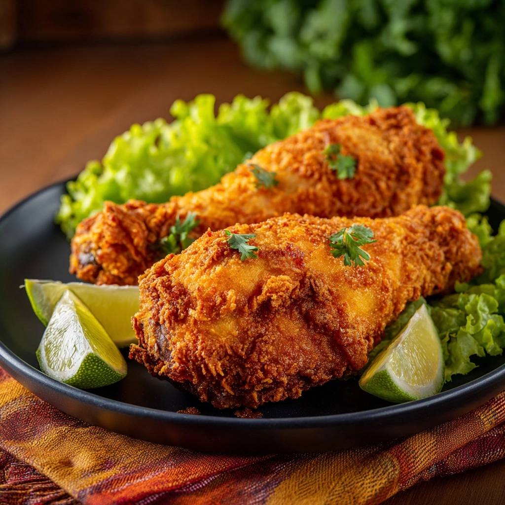 Goldbraune Knusper Haehnchenkeulen Serviert 1 Goldbraune Knusper-Hähnchenkeulen, serviert auf einem schwarzen Teller mit frischem Salat und Limettenspalten, ein köstliches Gericht.