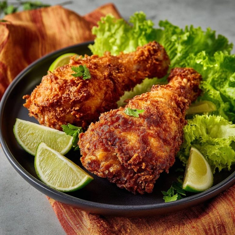Goldbraune Knusper-Hähnchenkeulen, serviert auf einem schwarzen Teller mit Salat und Limettenspalten, sind ein köstliches Mittagessen.